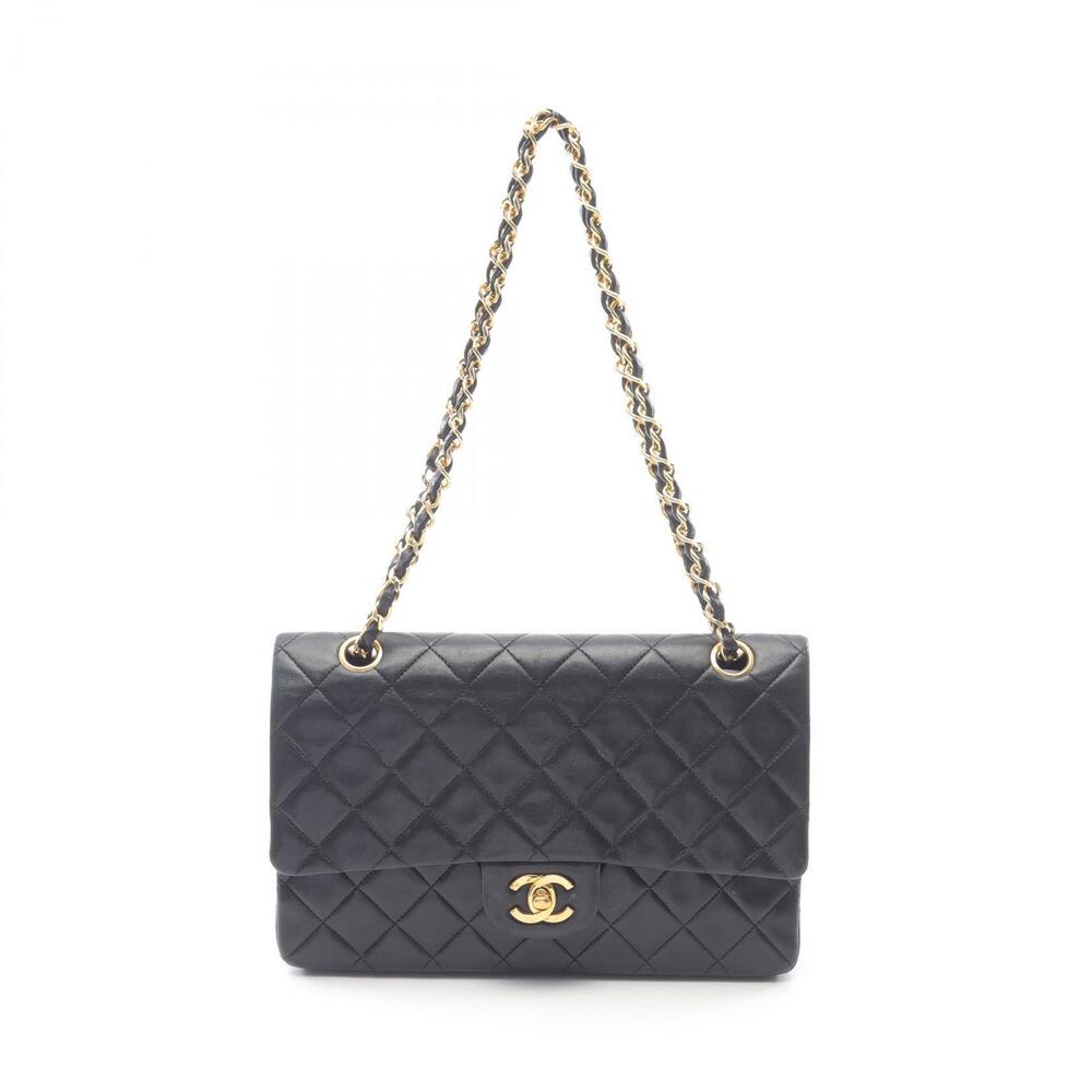 Chanel Matelasse Double Flap Shoulder Bag Lambskin Sheepskin Black